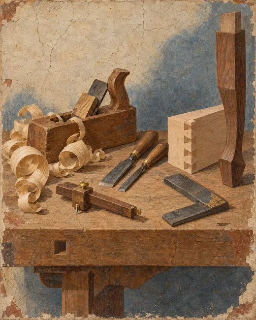 Fresco-style painting of a woodworker's bench with a hand plane, chisels, curled shavings and a cut dovetail joint