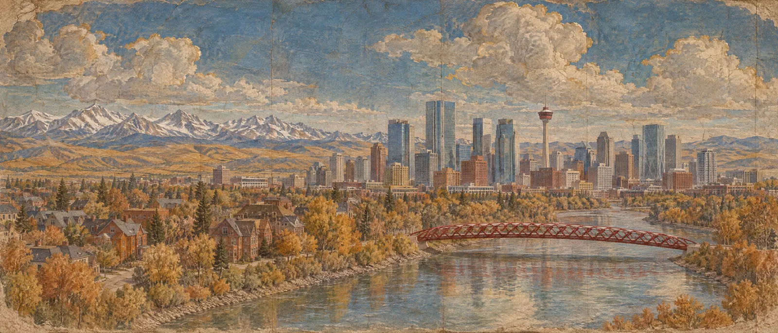 Fresco-style panorama of Calgary: the Rocky Mountains to the west, inner-city homes in autumn trees, the downtown towers and Calgary Tower, and the Bow River under the red Peace Bridge